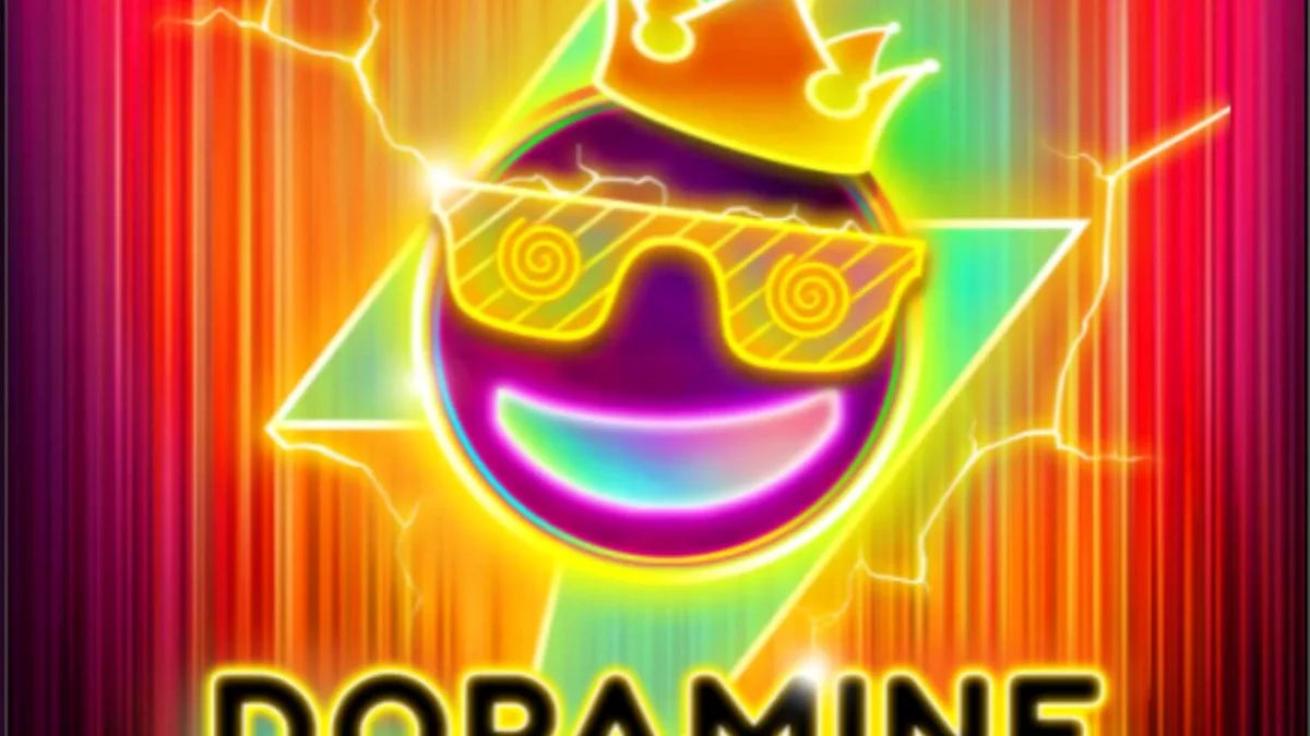 Tampilan layar permainan slot Dopamine Rush Dice dengan nuansa neon dan retro