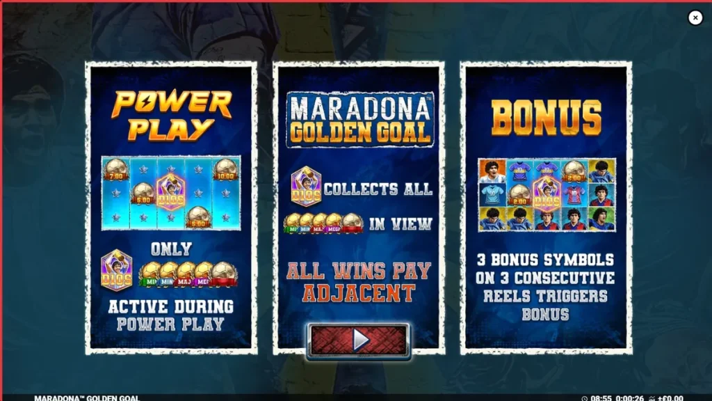 Tampilan antarmuka seluler slot Maradona Golden Goal dengan simbol ikonik