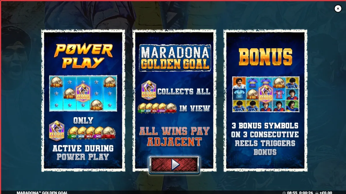 Tampilan antarmuka seluler slot Maradona Golden Goal dengan simbol ikonik