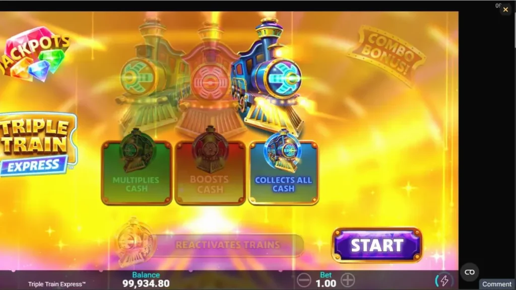 Tampilan visual futuristik dari slot Triple Train Express dengan nuansa neon